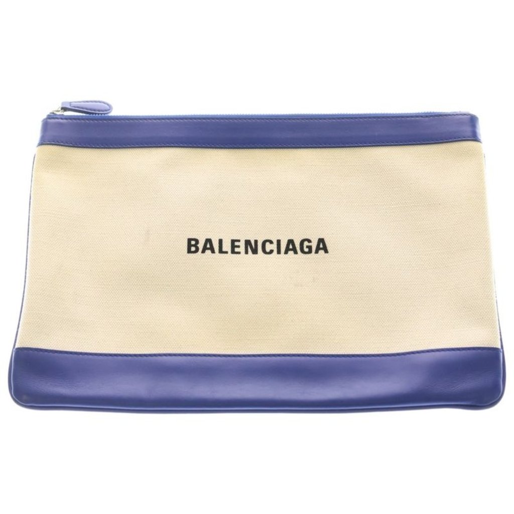 Balenciaga Navy Clip M Canvas Fabric Clutch White Navy